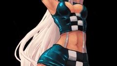 Black background white hair red eyes skirts long hair anime 