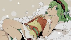 Black blue eyes vocaloid green hair Megpoid Gumi