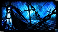 Black blue long hair brunettes black rock shooter twintails