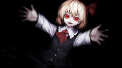 Black dark black background red eyes schoolgirls bows blondes 