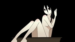 Black dark black background red eyes sitting long hair anime 