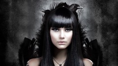 Black dark woman back crows bangs black hair