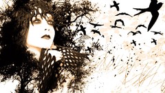 Black eyes white paint woman Birds white background drawings