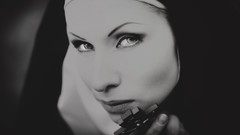 Black eyes woman cross lips monochrome nuns
