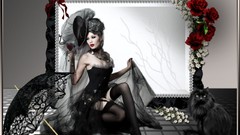 Black Gothic woman roses Umbrellas stockings lingerie corset bra