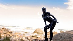 Black latex rubber blondes boots high heels Susan Wayland 