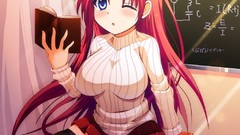 Black red sitting sunlight blush long hair anime girls blue 