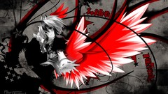 Black red text wings horns white hair anime girls short hair 