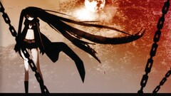 black rock shooter kuroi mato anime girls chains dark hair belly