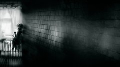 Black wall dark black and white hats sitting monochrome fences 