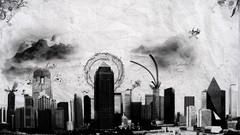 Black white paper destruction grunge cities