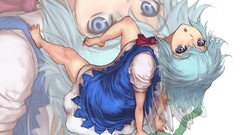 Black wings blue hair barefoot anime girls blue eyes short hair 