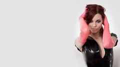 Black woman latex brunettes hands on head latex gloves