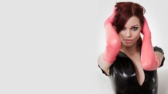 Black woman latex brunettes Simple Background hands on head 