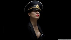 Black woman lips black background military uniforms models Red 