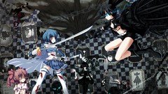 Blade blood Anime gloves blush blue hair pink hair pink eyes 