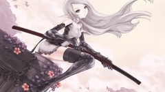 Blade Katana Anime armor gloves elbows long hair gray eyes 