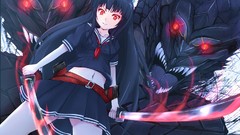 Blade Katana Anime red eyes long hair anime girls seifuku black 