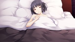 Blanket beds pillows anime girls brown eyes short hair bare 