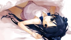 Blanket beds Shorts Ribbons blue hair long hair anime girls 