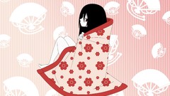 Blanket red eyes stripes fans long hair barefoot anime girls 