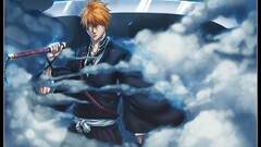 bleach hollow sword kurosaki ichigo clouds glowing eyes redhead