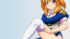 Blondes anime girls blue eyes Simple Background thigh highs