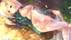 Blondes anime girls bra cleavage underwear panties thigh highs 