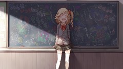 Blondes anime girls indoors closed eyes classroom school 