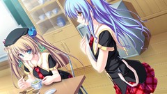 Blondes blue hair long hair anime girls yellow eyes seifuku 