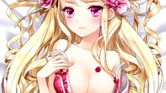 Blondes blush long hair anime girls flower petals purple eyes 