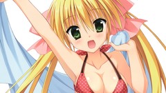 Blondes blush long hair anime girls green eyes towels cleavage 