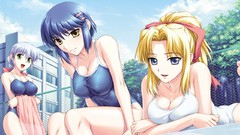 Blondes cleavage outdoors blue