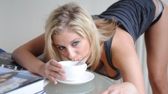 Blondes drinking underwear downblouse grey shirt