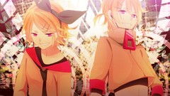 Blondes twins pink eyes anime girls short hair vocaloid 