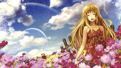 Blondes woman Flowers fields