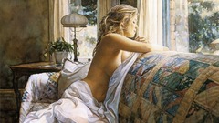 Blondes woman paintings couch