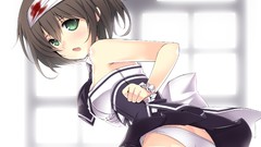 Blood anime girls green eyes brunettes school uniforms bandages 