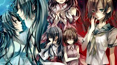 Blood Anime tears horns schoolgirls skirts long hair brunettes 