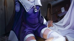 Blood blue hair anime girls short hair torn clothing