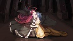 Blood dress fangs red eyes pale reflections hugging blue hair 