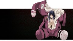 Blood red eyes anime girls purple hair creepy stuffed animals