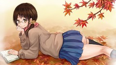 Blue ass glasses doors brunettes school uniforms yellow eyes 