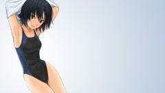 Blue background anime girls short hair bare shoulders black 