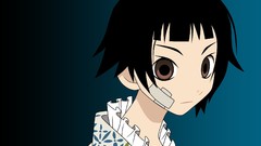 Blue background faces anime girls brown eyes short hair bangs 
