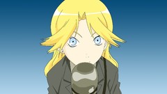 Blue background faces blondes microphones long hair anime girls 