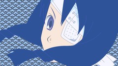 Blue background faces blue hair anime girls bandages short hair 