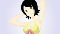 Blue background faces bows smiling anime girls armpits brown 