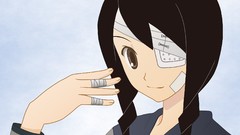 Blue background faces long hair anime girls brown eyes bandages 