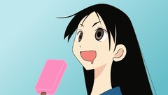 Blue background faces long hair anime girls brown eyes sayonara 